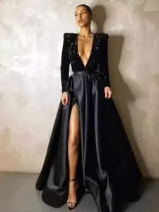 bebe Women Embellished Plunge Neck Fit and Flare Maxi Dress