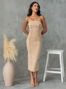 bebe Women Solid Off-Shoulder Bodycon Midi Dress