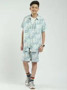 Monte Carlo Boys Printed Shirt Collar Shirt & Shorts With T-Shirt