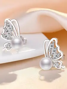 KARISHMA KREATIONS Stainless Steel Rhinestone Studded & Pearls Beaded Contemporary Studs
