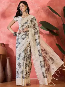 Sangria Digital Printed Embroidered Schiffli Saree With Blouse