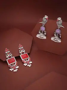 Sangria Set Of 2 Silver-Plated Artificial Studded & Beaded Oxidised Square Drop Earrings