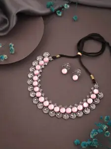 Sangria Silver- Plated Stones Studded Choker With Stud Earrings Jewellery Set