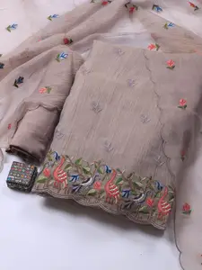 Meena Bazaar Floral Embroidered Art Silk Unstitched Dress Material