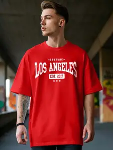 Leotude Typography Printed Drop Shoulder Half Sleeve Cotton Oversized Casual T-shirt