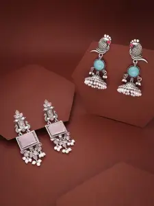 Anouk Set Of 2 Silver Plated Artificial Stones & Beaded Contemporary Shaped Drop Earrings