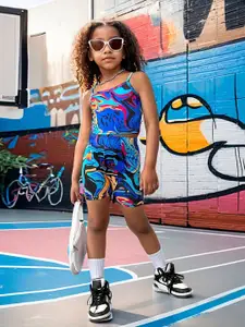 INCLUD Girls Printed Shoulder Straps Top With Shorts