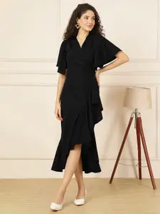 Selvia Women Solid Black V-Neck Ruffles Detail Fit & Flare Wrap Midi Dress