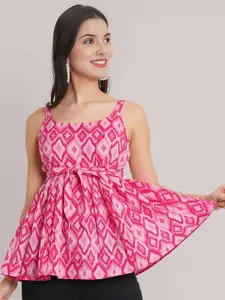 Dream Beauty Fashion Ikat Printed Pleated Shoulder Straps Peplum Top