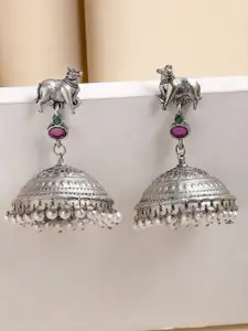 KARATCART Silver-Plated Animal Shaped Oxidized Kundan Jhumkas Earrings
