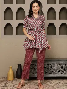 Sangria Printed Pure Cotton Top & Trousers Co-Ords