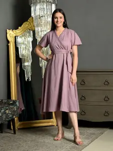 Sangria Women Solid  V-Neck A-Line Wrap Midi Dress