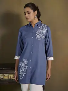 Anouk Floral Embroidered Shirt Collar Thread Work Liva Thread Work Kurti