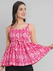 Dream Beauty Fashion Women Ikat Printed Waist Tie-Up Peplum Top