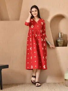 Sangria Bandhej Printed Cotton Fit & Flare Midi Pocket Dress