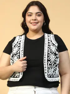 Oxolloxo Plus Size Embroiderd Open Front Sleeveless Jodhpuri Shrug