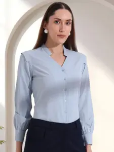 FITHUB Women Solid Mandarin Collar Cotton Formal Shirt