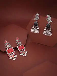 Sangria Set Of 2 Silver-Plated Stone Studded & Beaded Oxidised Contemporary Drop Earrings