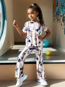 INCLUD Girls Tie & Dyed Round Neck Top With Trousers