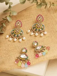 Zaveri Pearls Set Of 2 Gold-Plated Artificial Stones Studded Contemporary Drop Earrings