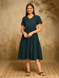 Sangria Cotton V-Neck Tiered Pocket Cotton Midi Dress