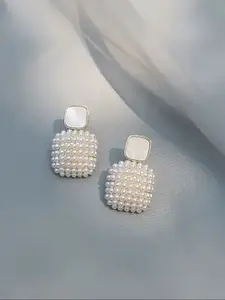 KRENOZ Gold-Plated Pearls Beaded Square Shaped Drop Earrings