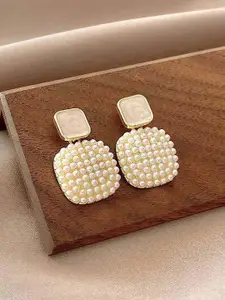 KRENOZ Gold-Plated Pearls Beaded Square Shaped Drop Earrings