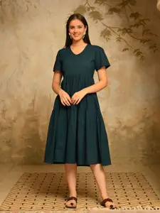DECKEDUP Women Solid Tiered Midi Dress