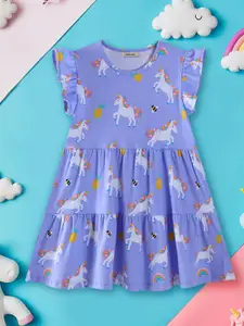 INCLUD Girls Cartoon Characters Printed Flutter Sleeve Fit and Flare Dress