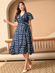Sangria Women Polka Dot Printed Cotton A-Line Wrap Midi Dress