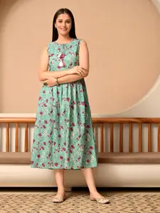 Sangria Women Floral Printed Cotton Sleeveless A-Line Midi Dress