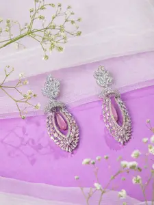 Niscka Rhodium-Plated American Diamond Studded Contemporary Drop Earrings