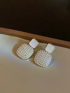 KRENOZ Gold-Plated Pearls Beaded Square Shaped Drop Earrings