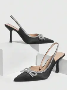 PURPLEHUNT Embellished PU Slim Heeled Pumps With Bows