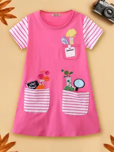 INCLUD Girls Pink Double Pocket Applique Embroidered A-Line Dress