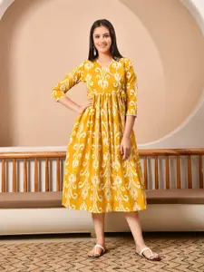 DECKEDUP Women Floral Printed V-Neck Cotton Fit & Flare Midi Dress