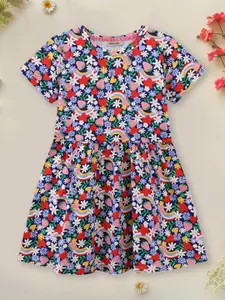 INCLUD Girls Floral Printed Round Neck Fit & Flare Dress