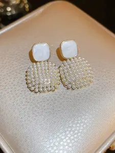 KRENOZ Gold-Plated Pearls Beaded Square Shaped Drop Earrings