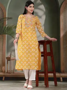 Sangria Floral Printed Thread Work Notch Neck Pure Cotton Straight Kurta