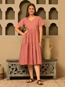 Sangria Women Cotton A-Line Tiered Pocket Midi Dress