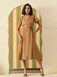 DECKEDUP Women Solid Cotton Wrap Midi Dress