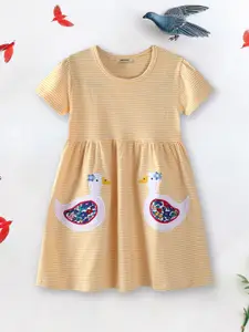INCLUD Girls Brown Stripes Duck Applique Short Sleeve Fit & Flare Dress