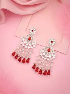 Sangria Silver-Plated Kundan Stone Studded & Beaded Floral Shape Drop Earrings