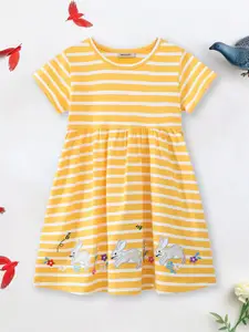 INCLUD Girls Striped Round Neck Fit & Flare Dress