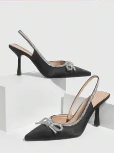 PURPLEHUNT Embellished PU Slim Heeled Pumps With Bows
