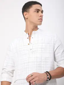 VASTRADO Modish Ivory Checked Band Collar Pure Cotton Straight Kurta