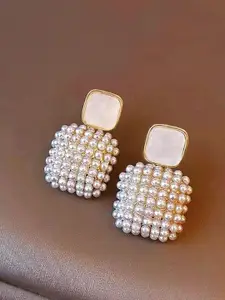 KRENOZ Gold-Plated Pearls Beaded Square Shaped Drop Earrings
