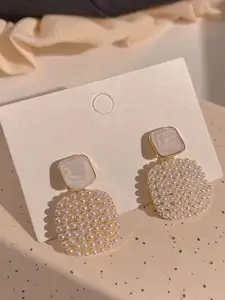KRENOZ Gold-Plated Pearls Beaded Square Shaped Drop Earrings