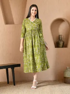 Sangria Floral Printed V-Neck Cotton A-Line Midi Dress