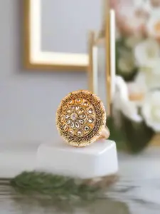 Jazz and Sizzle Gold-Plated & White Stone Studded Floral Shape Adjustable Finger Ring